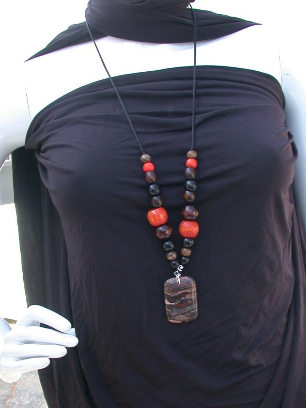 Brown Jasper Stone and Wood Bead Necklace One Of A Kind